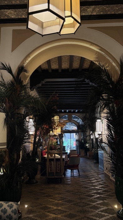 Arched passage with palms leading into the courtyard of Hotel Palacio Don Ramón